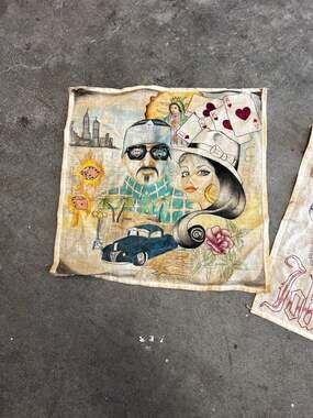 Lot of 2 Vintage Original Paño Prison Art Hand-Drawn Handkerchiefs Chicano Styl